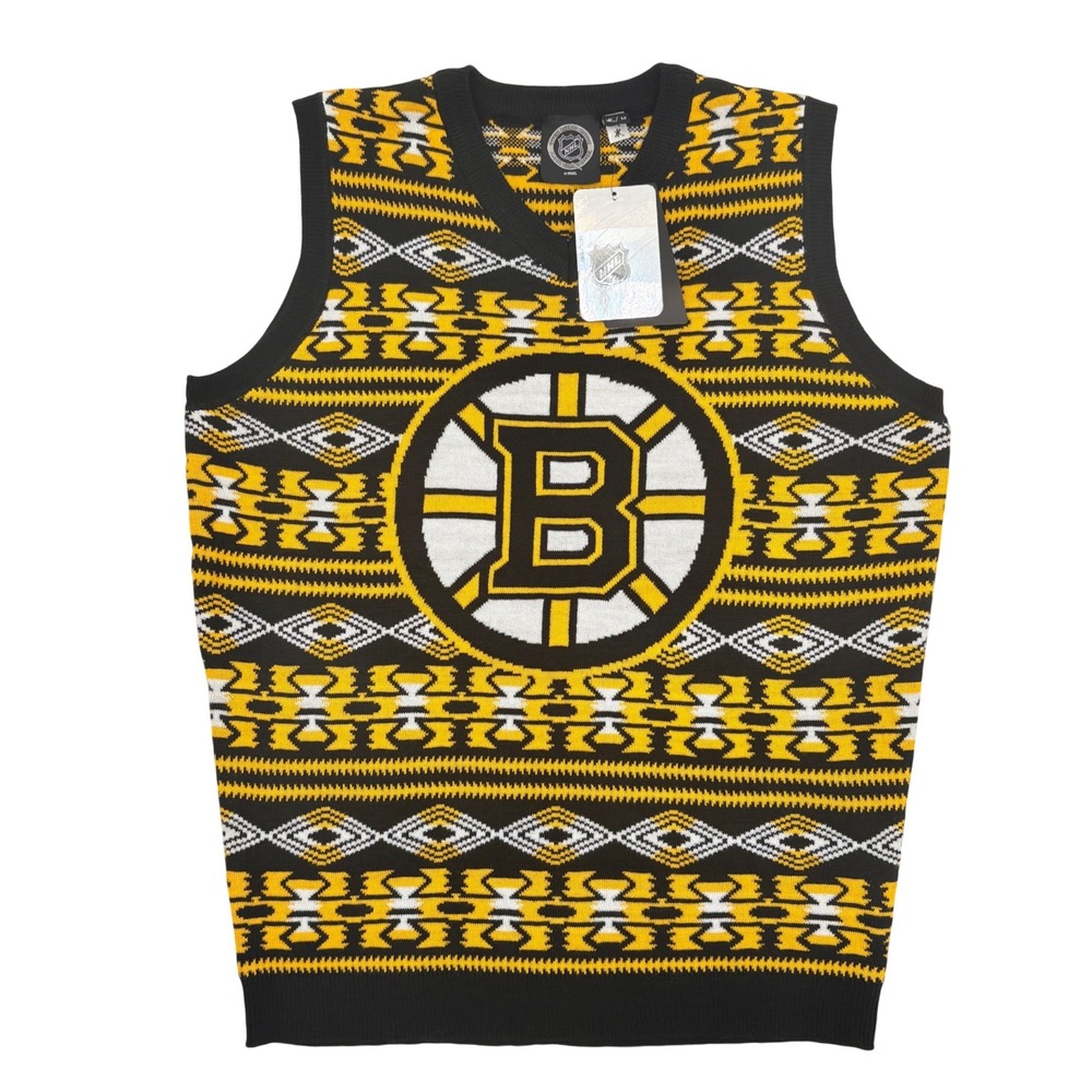 NHL Boston Bruins Mens Medium Fair Isle‎ Knit Sweater Vest Black Gold White Logo